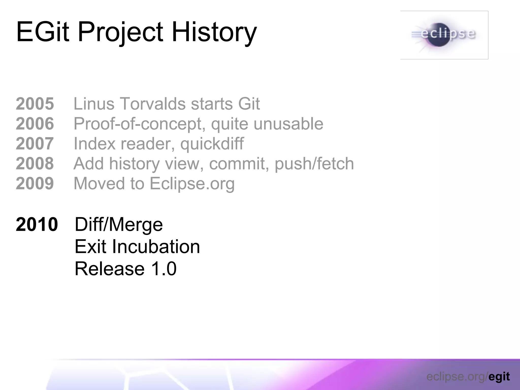 EGit Project History

2005   Linus Torvalds starts Git
2006   Proof-of-concept, quite unusable
2007   Index reader, quickdiff
2008   Add history view, commit, push/fetch
2009   Moved to Eclipse.org

2010 Diff/Merge
     Exit Incubation
     Release 1.0




                                              eclipse.org/egit
 