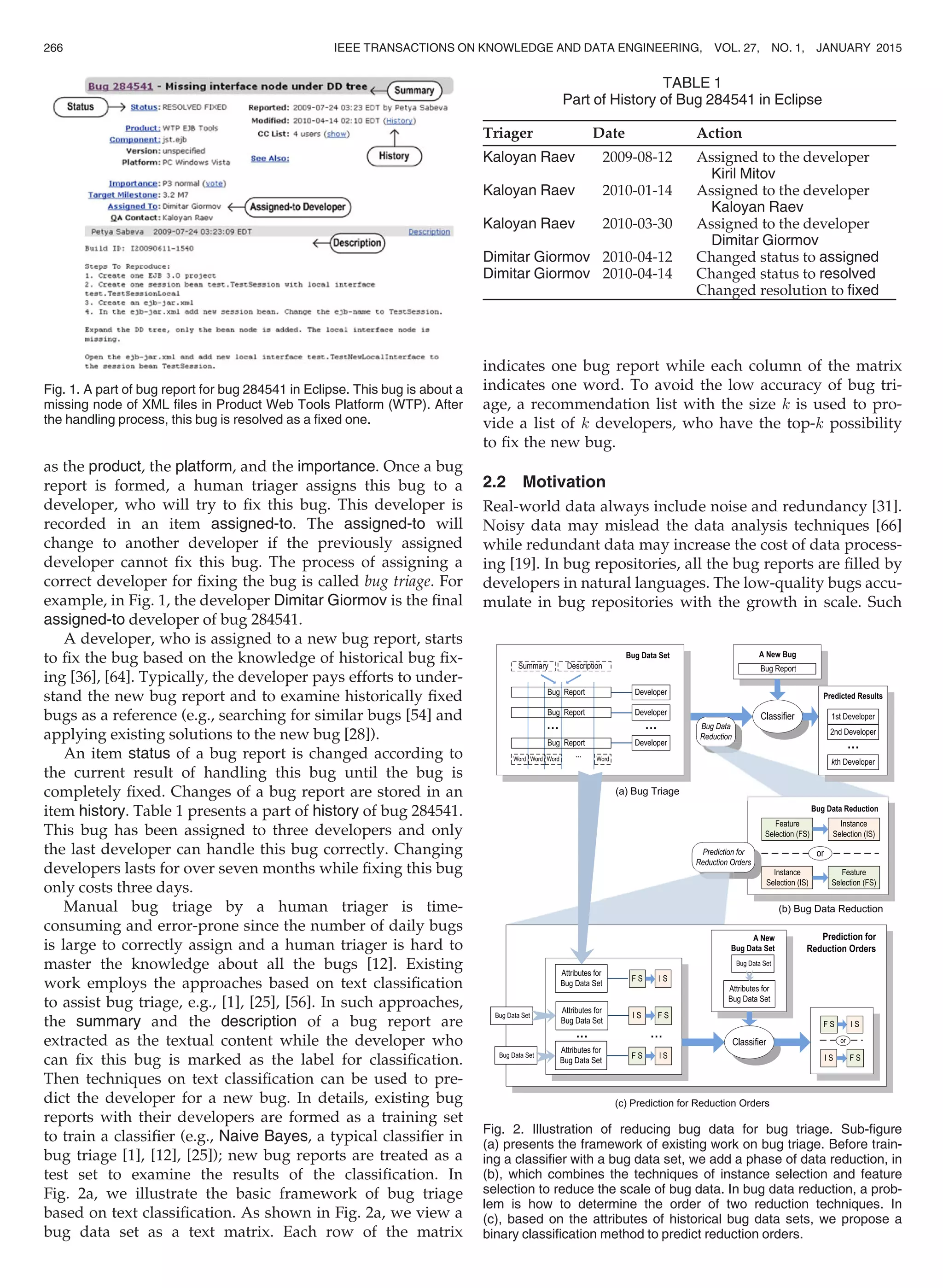 as the product, the platform, and the importance. Once a bug
report is formed, a human triager assigns this bug to a
developer, who will try to ﬁx this bug. This developer is
recorded in an item assigned-to. The assigned-to will
change to another developer if the previously assigned
developer cannot ﬁx this bug. The process of assigning a
correct developer for ﬁxing the bug is called bug triage. For
example, in Fig. 1, the developer Dimitar Giormov is the ﬁnal
assigned-to developer of bug 284541.
A developer, who is assigned to a new bug report, starts
to ﬁx the bug based on the knowledge of historical bug ﬁx-
ing [36], [64]. Typically, the developer pays efforts to under-
stand the new bug report and to examine historically ﬁxed
bugs as a reference (e.g., searching for similar bugs [54] and
applying existing solutions to the new bug [28]).
An item status of a bug report is changed according to
the current result of handling this bug until the bug is
completely ﬁxed. Changes of a bug report are stored in an
item history. Table 1 presents a part of history of bug 284541.
This bug has been assigned to three developers and only
the last developer can handle this bug correctly. Changing
developers lasts for over seven months while ﬁxing this bug
only costs three days.
Manual bug triage by a human triager is time-
consuming and error-prone since the number of daily bugs
is large to correctly assign and a human triager is hard to
master the knowledge about all the bugs [12]. Existing
work employs the approaches based on text classiﬁcation
to assist bug triage, e.g., [1], [25], [56]. In such approaches,
the summary and the description of a bug report are
extracted as the textual content while the developer who
can ﬁx this bug is marked as the label for classiﬁcation.
Then techniques on text classiﬁcation can be used to pre-
dict the developer for a new bug. In details, existing bug
reports with their developers are formed as a training set
to train a classiﬁer (e.g., Naive Bayes, a typical classiﬁer in
bug triage [1], [12], [25]); new bug reports are treated as a
test set to examine the results of the classiﬁcation. In
Fig. 2a, we illustrate the basic framework of bug triage
based on text classiﬁcation. As shown in Fig. 2a, we view a
bug data set as a text matrix. Each row of the matrix
indicates one bug report while each column of the matrix
indicates one word. To avoid the low accuracy of bug tri-
age, a recommendation list with the size k is used to pro-
vide a list of k developers, who have the top-k possibility
to ﬁx the new bug.
2.2 Motivation
Real-world data always include noise and redundancy [31].
Noisy data may mislead the data analysis techniques [66]
while redundant data may increase the cost of data process-
ing [19]. In bug repositories, all the bug reports are ﬁlled by
developers in natural languages. The low-quality bugs accu-
mulate in bug repositories with the growth in scale. Such
Fig. 1. A part of bug report for bug 284541 in Eclipse. This bug is about a
missing node of XML ﬁles in Product Web Tools Platform (WTP). After
the handling process, this bug is resolved as a ﬁxed one.
TABLE 1
Part of History of Bug 284541 in Eclipse
Triager Date Action
Kaloyan Raev 2009-08-12 Assigned to the developer
Kiril Mitov
Kaloyan Raev 2010-01-14 Assigned to the developer
Kaloyan Raev
Kaloyan Raev 2010-03-30 Assigned to the developer
Dimitar Giormov
Dimitar Giormov 2010-04-12 Changed status to assigned
Dimitar Giormov 2010-04-14 Changed status to resolved
Changed resolution to ﬁxed
Fig. 2. Illustration of reducing bug data for bug triage. Sub-ﬁgure
(a) presents the framework of existing work on bug triage. Before train-
ing a classiﬁer with a bug data set, we add a phase of data reduction, in
(b), which combines the techniques of instance selection and feature
selection to reduce the scale of bug data. In bug data reduction, a prob-
lem is how to determine the order of two reduction techniques. In
(c), based on the attributes of historical bug data sets, we propose a
binary classiﬁcation method to predict reduction orders.
266 IEEE TRANSACTIONS ON KNOWLEDGE AND DATA ENGINEERING, VOL. 27, NO. 1, JANUARY 2015
 
