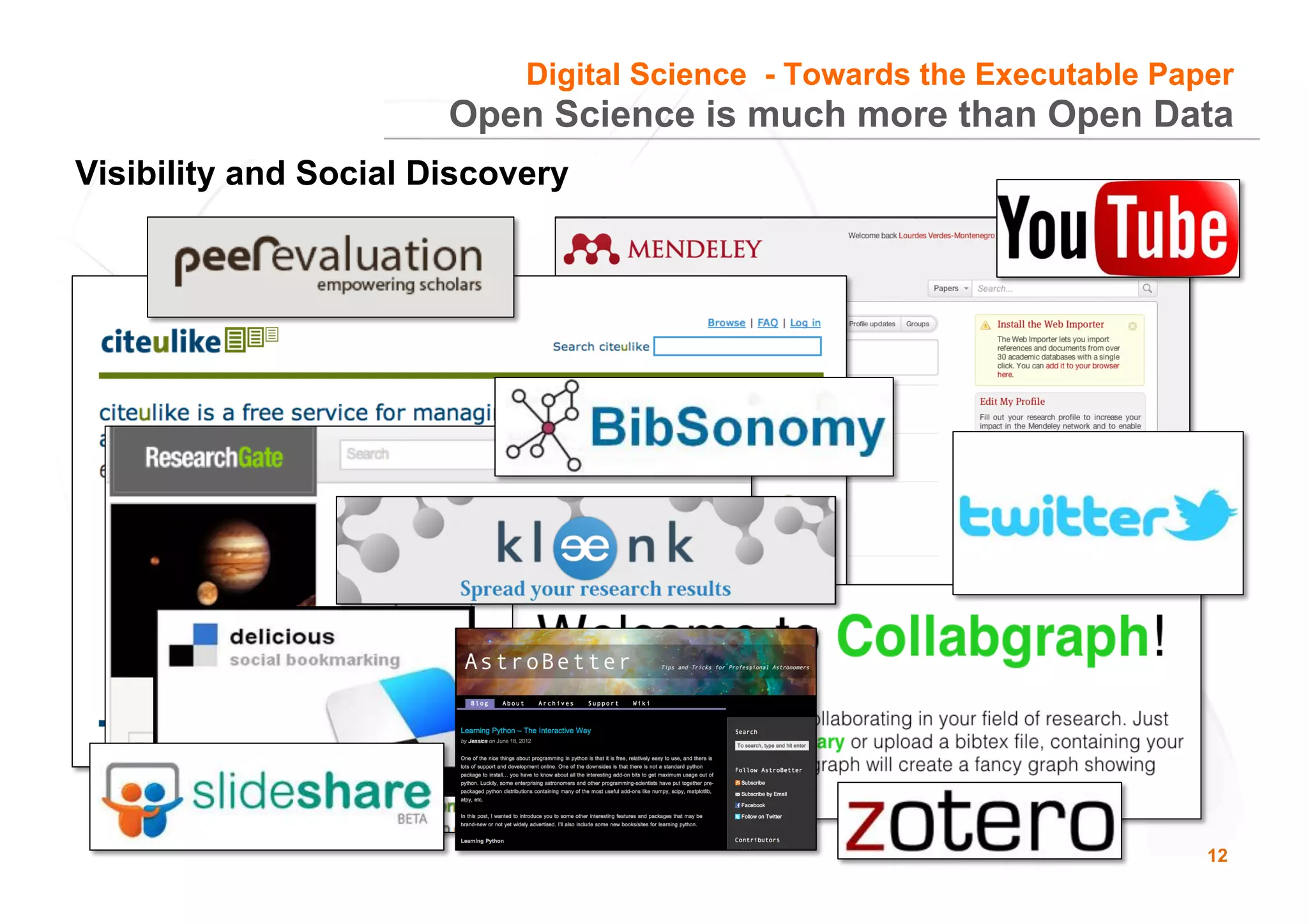 12
Open Science is much more than Open Data
Visibility and Social Discovery
Digital Science - Towards the Executable Paper
 