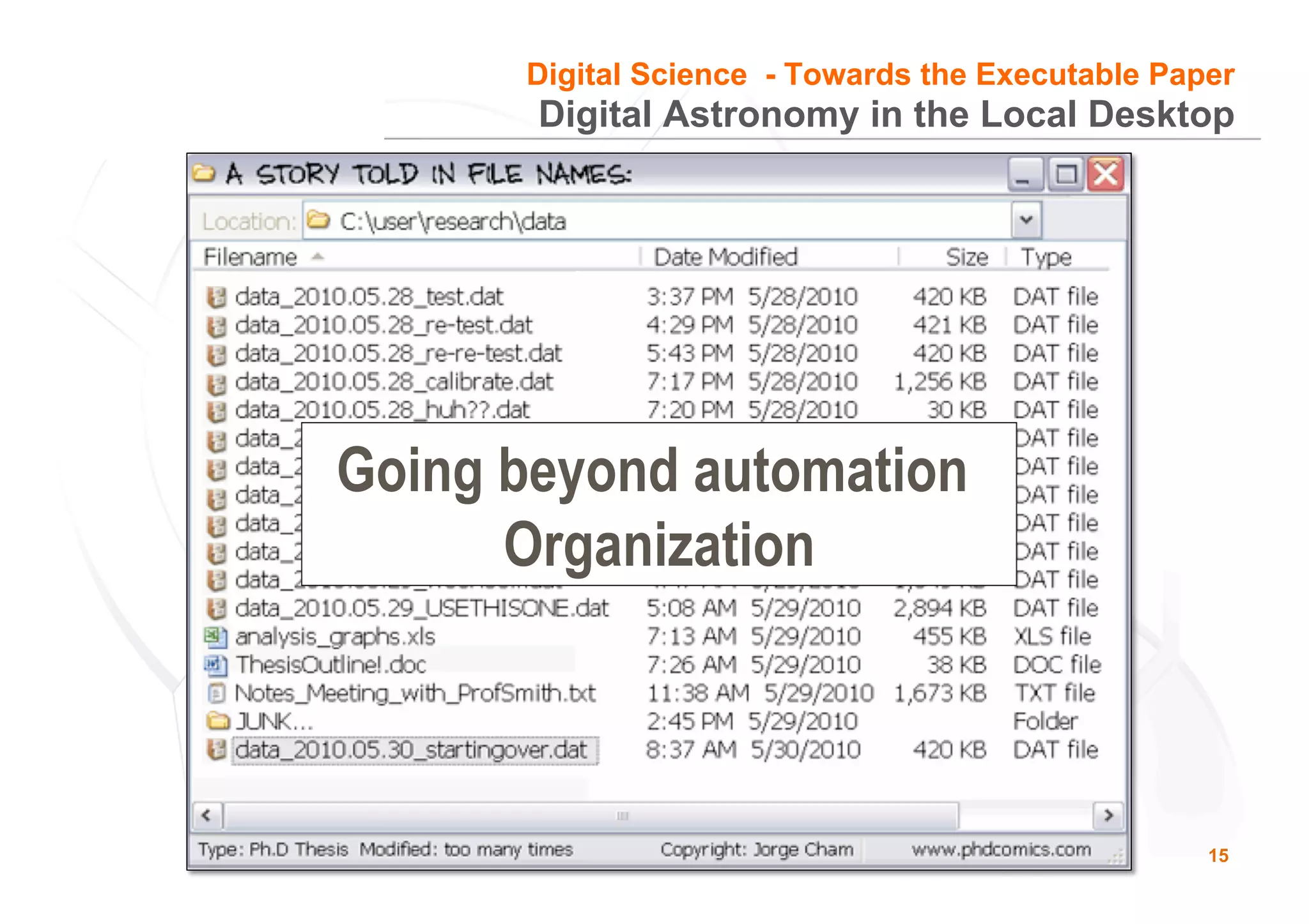 15
Digital Astronomy in the Local Desktop
Going beyond automation
Organization
Digital Science - Towards the Executable Paper
 