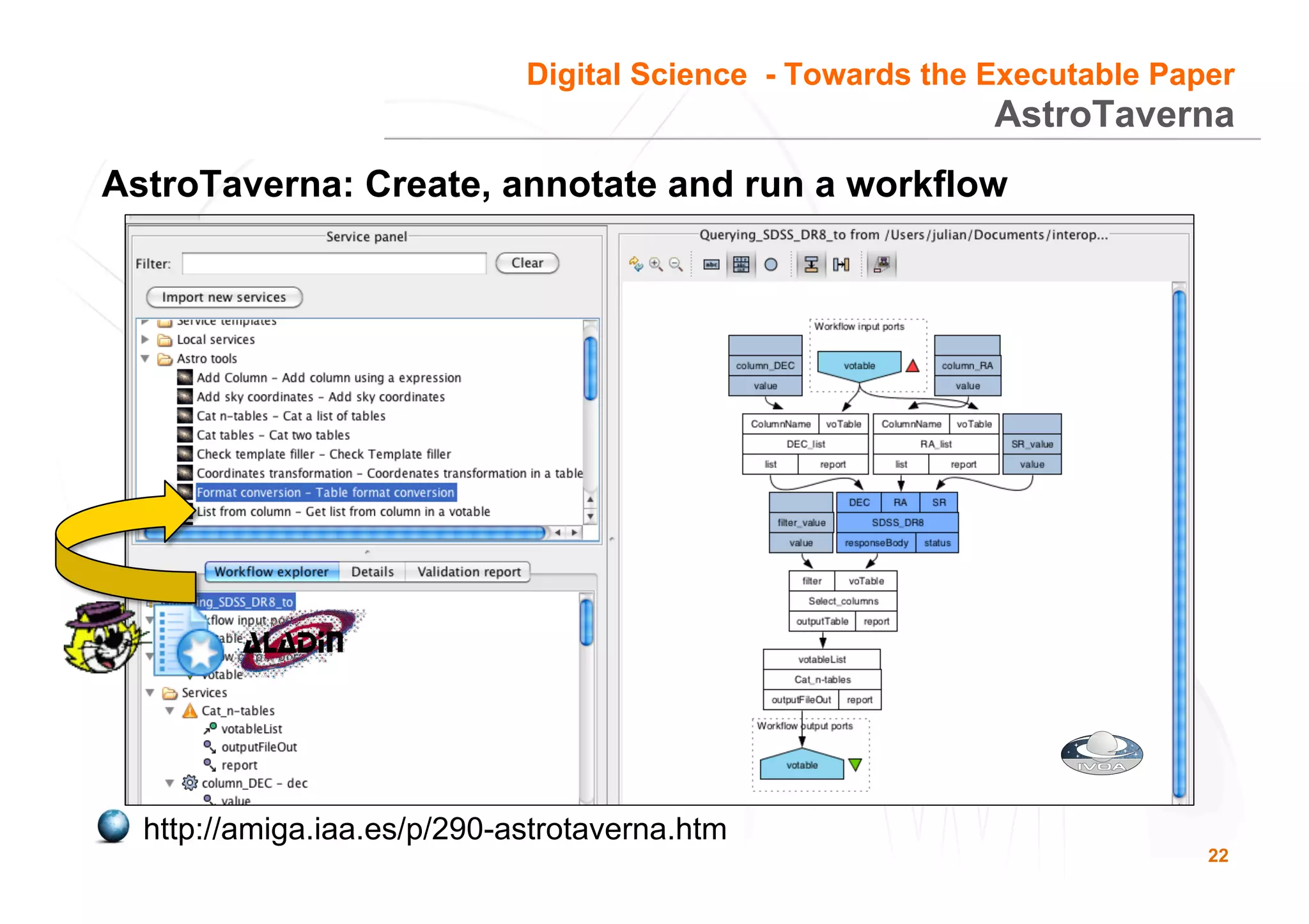 22
AstroTaverna: Create, annotate and run a workflow
http://amiga.iaa.es/p/290-astrotaverna.htm
AstroTaverna
Digital Science - Towards the Executable Paper
 