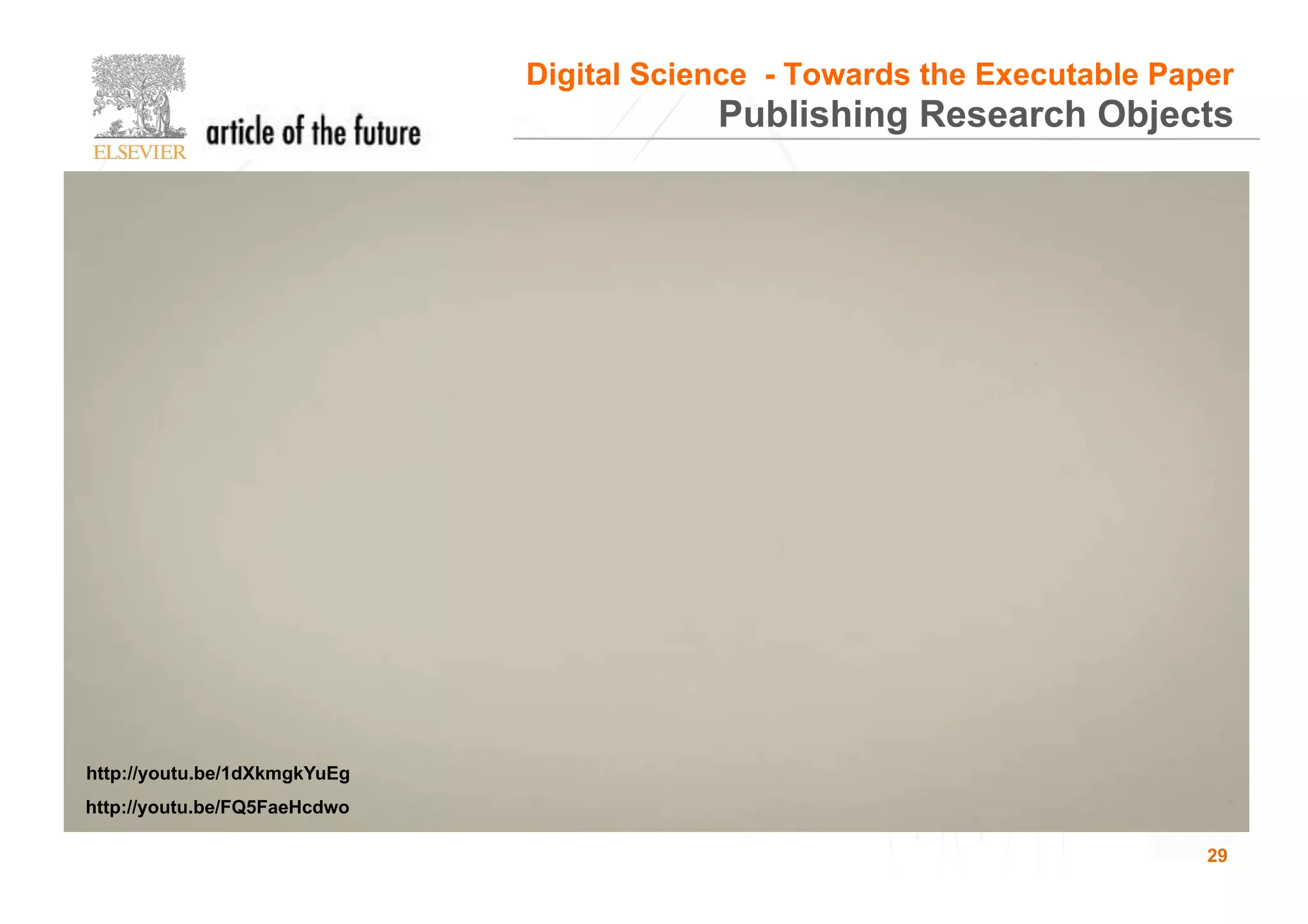 29
Publishing Research Objects
Digital Science - Towards the Executable Paper
http://youtu.be/1dXkmgkYuEg
http://youtu.be/FQ5FaeHcdwo
 
