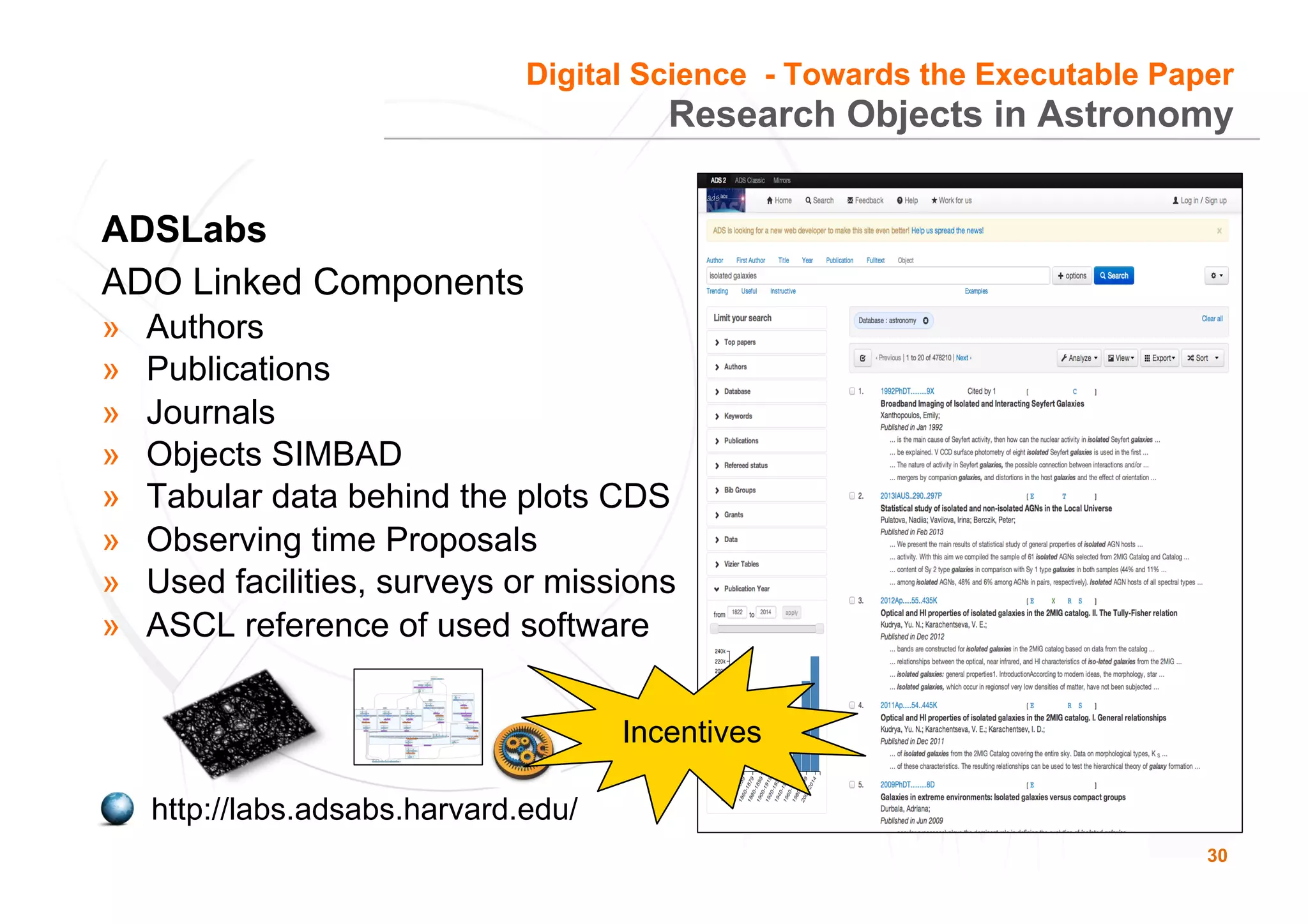 30
Research Objects in Astronomy
ADSLabs
ADO Linked Components
»  Authors
»  Publications
»  Journals
»  Objects SIMBAD
»  Tabular data behind the plots CDS
»  Observing time Proposals
»  Used facilities, surveys or missions
»  ASCL reference of used software
http://labs.adsabs.harvard.edu/
Incentives
Digital Science - Towards the Executable Paper
 