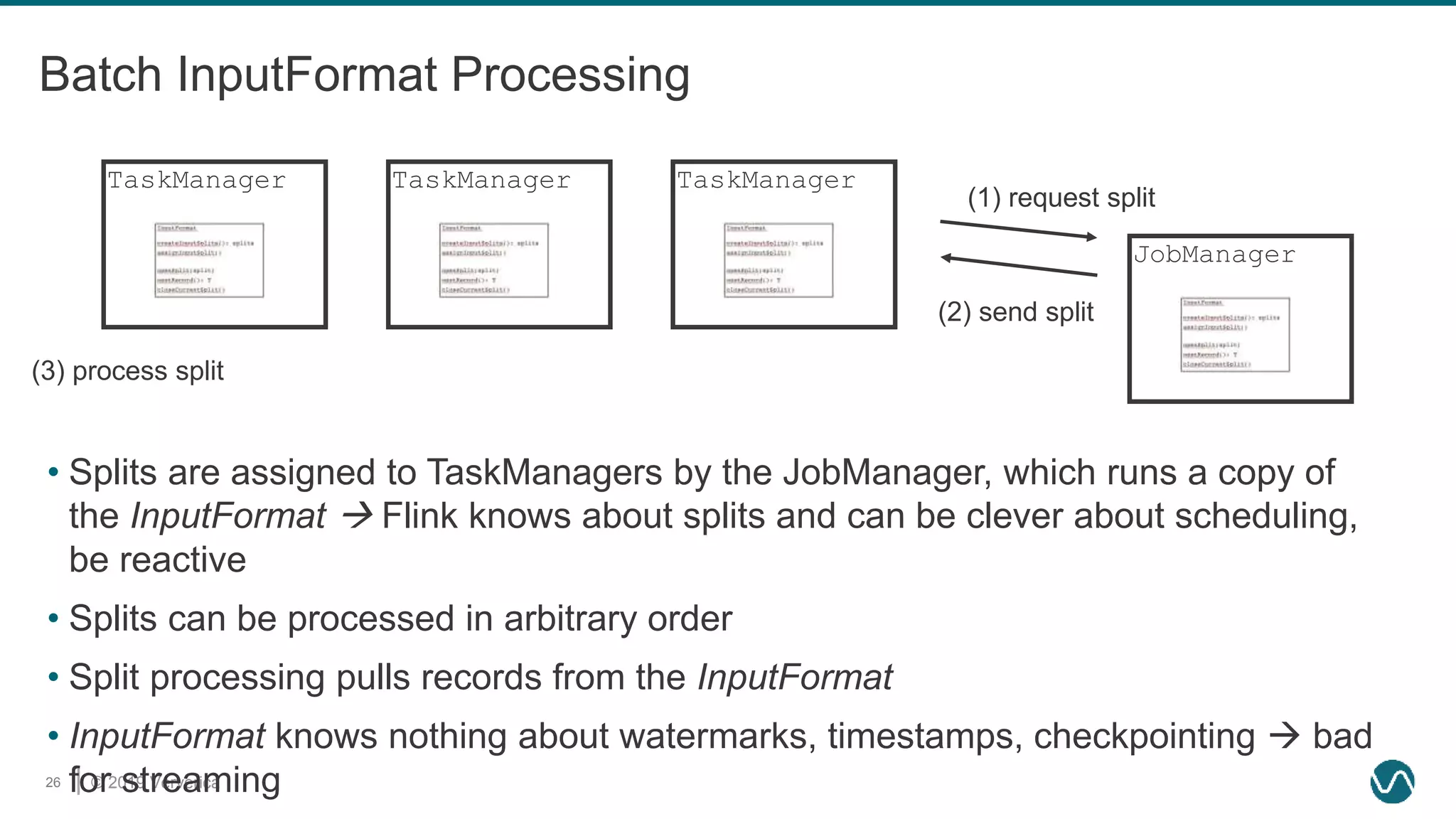 © 2019 Ververica26
Batch InputFormat Processing
TaskManager TaskManager TaskManager
JobManager
(1) request split
(2) send split
(3) process split
• Splits are assigned to TaskManagers by the JobManager, which runs a copy of
the InputFormat  Flink knows about splits and can be clever about scheduling,
be reactive
• Splits can be processed in arbitrary order
• Split processing pulls records from the InputFormat
• InputFormat knows nothing about watermarks, timestamps, checkpointing  bad
for streaming
 