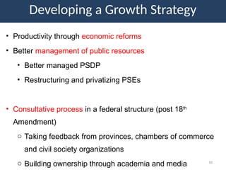 Developing a Growth Strategy
10
• Productivity through economic reforms
• Better management of public resources
• Better managed PSDP
• Restructuring and privatizing PSEs
• Consultative process in a federal structure (post 18th
Amendment)
o Taking feedback from provinces, chambers of commerce
and civil society organizations
o Building ownership through academia and media
 
