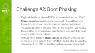Connect. Collaborate. Accelerate.
Challenge #2: Boot Phasing
• Payload that boots from PSP is size-constrained to ~13MB
• Stage-based approaches (e.g., oreboot + LinuxBoot) use
Linux drivers to load (and execute) a production kernel
• This necessitates a pseudo-reset of the system – as well as
the creation or emulation of an interface (e.g., ACPI) to pass
system state to later stages
• Instead must adopt a phase-based approach whereby part
of the system is loaded from SPI NOR and is able to load the
remainder from SSDs – but the system is never discarded
 