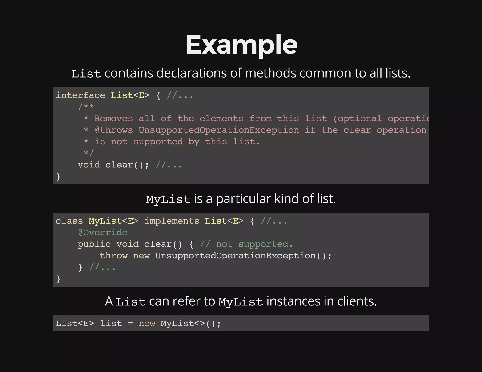 Example
Listcontains declarations of methods common to all lists.
interfaceList<E>{//...
/**
*Removesalloftheelementsfromthislist(optionaloperation).
*@throwsUnsupportedOperationExceptioniftheclearoperation
*isnotsupportedbythislist.
*/
voidclear();//...
}
MyListis a particular kind of list.
classMyList<E>implementsList<E>{//...
@Override
publicvoidclear(){//notsupported.
thrownewUnsupportedOperationException();
}//...
}
A Listcan refer to MyListinstances in clients.
List<E>list=newMyList<>();
 