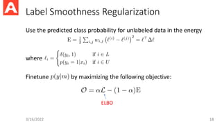 Label Smoothness Regularization
Use the predicted class probability for unlabeled data in the energy
where
Finetune by maximizing the following objective:
3/16/2022 18
ELBO
 