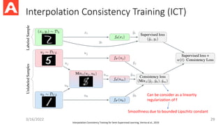 Interpolation Consistency Training (ICT)
3/16/2022 29
Can be consider as a lineartiy
regularization of f
Smoothness due to bounded Lipschitz constant
Interpolation Consistency Training for Semi-Supervised Learning, Verma et al., 2019
 