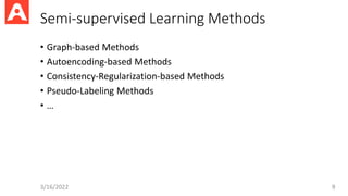 Semi-supervised Learning Methods
• Graph-based Methods
• Autoencoding-based Methods
• Consistency-Regularization-based Methods
• Pseudo-Labeling Methods
• …
3/16/2022 9
 
