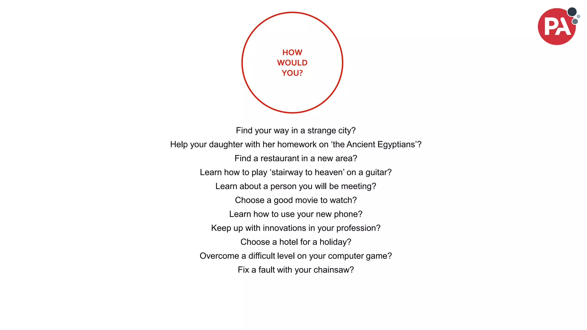 © PA Knowledge Limited 2017
47
HOW
WOULD
YOU?
Find your way in a strange city?
Help your daughter with her homework on ‘the Ancient Egyptians’?
Find a restaurant in a new area?
Learn how to play ‘stairway to heaven’ on a guitar?
Learn about a person you will be meeting?
Choose a good movie to watch?
Learn how to use your new phone?
Keep up with innovations in your profession?
Choose a hotel for a holiday?
Overcome a difficult level on your computer game?
Fix a fault with your chainsaw?
 