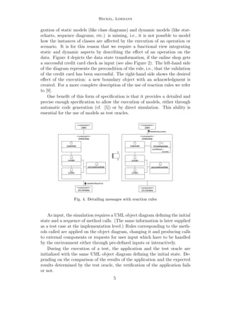 Heckel, Lohmann
gration of static models (like class diagrams) and dynamic models (like stat-
echarts, sequence diagrams, etc.) is missing, i.e., it is not possible to model
how the instances of classes are aﬀected by the execution of an operation or
scenario. It is for this reason that we require a functional view integrating
static and dynamic aspects by describing the eﬀect of an operation on the
data. Figure 4 depicts the data state transformation, if the online shop gets
a successful credit card check as input (see also Figure 2). The left-hand side
of the diagram represents the precondition of the rule, i.e., that the validation
of the credit card has been successful. The right-hand side shows the desired
eﬀect of the execution: a new boundary object with an acknowledgment is
created. For a more complete description of the use of reaction rules we refer
to [9].
One beneﬁt of this form of speciﬁcation is that it provides a detailed and
precise enough speciﬁcation to allow the execution of models, either through
automatic code generation (cf. [5]) or by direct simulation. This ability is
essential for the use of models as test oracles.
<<component>>
:Client
<<component>>
:Online-Shop
validationResult=ok
<<component>>
:CC-Company
feedback(success)
s:payOrder
o:Order
c:Client
ccd:CreditCardData
<<component>>
:Client
<<component>>
:Online-Shop
<<component>>
:CC-Company
s:payOrder
o:Order
c:Client
ccd:CreditCardData
fd:FeedbackData
proofResult =
success
Fig. 4. Detailing messages with reaction rules
As input, the simulation requires a UML object diagram deﬁning the initial
state and a sequence of method calls. (The same information is later supplied
as a test case at the implementation level.) Rules corresponding to the meth-
ods called are applied on the object diagram, changing it and producing calls
to external components or requests for user input which have to be handled
by the environment either through pre-deﬁned inputs or interactively.
During the execution of a test, the application and the test oracle are
initialized with the same UML object diagram deﬁning the initial state. De-
pending on the comparison of the results of the application and the expected
results determined by the test oracle, the veriﬁcation of the application fails
or not.
5
 