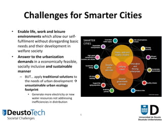 6
Challenges for Smarter Cities
• Enable life, work and leisure
environments which allow our self-
fulfilment without disr...