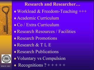 Research and Researcher…
Workload & Freedom-Teaching +++
Academic Curriculum
Co / Extra Curriculum
Research Resources / Facilities
Research Promotions
Research & T L E
Research Publications
Voluntary vs Compulsion
 Recognitions ? + + + + +
SINCE 1881
 
