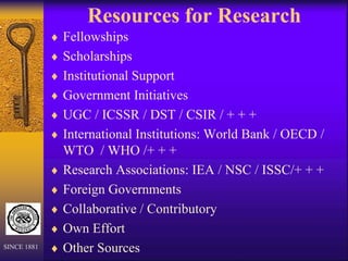 Resources for Research
 Fellowships
 Scholarships
 Institutional Support
 Government Initiatives
 UGC / ICSSR / DST / CSIR / + + +
 International Institutions: World Bank / OECD /
WTO / WHO /+ + +
 Research Associations: IEA / NSC / ISSC/+ + +
 Foreign Governments
 Collaborative / Contributory
 Own Effort
 Other Sources
SINCE 1881
 