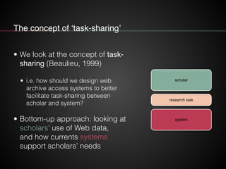 The concept of ‘task-sharing’
• We look at the concept of task-
sharing (Beaulieu, 1999)
!
• i.e. how should we design web...