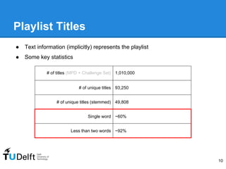 ● Text information (implicitly) represents the playlist
● Some key statistics
Playlist Titles
10
# of titles (MPD + Challe...