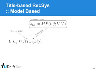 Title-based RecSys
:: Model Based
20
1.
(pre-trained)
Transfer`Title info’
 