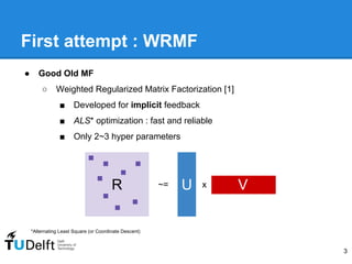 First attempt : WRMF
3
● Good Old MF
○ Weighted Regularized Matrix Factorization [1]
■ Developed for implicit feedback
■ A...