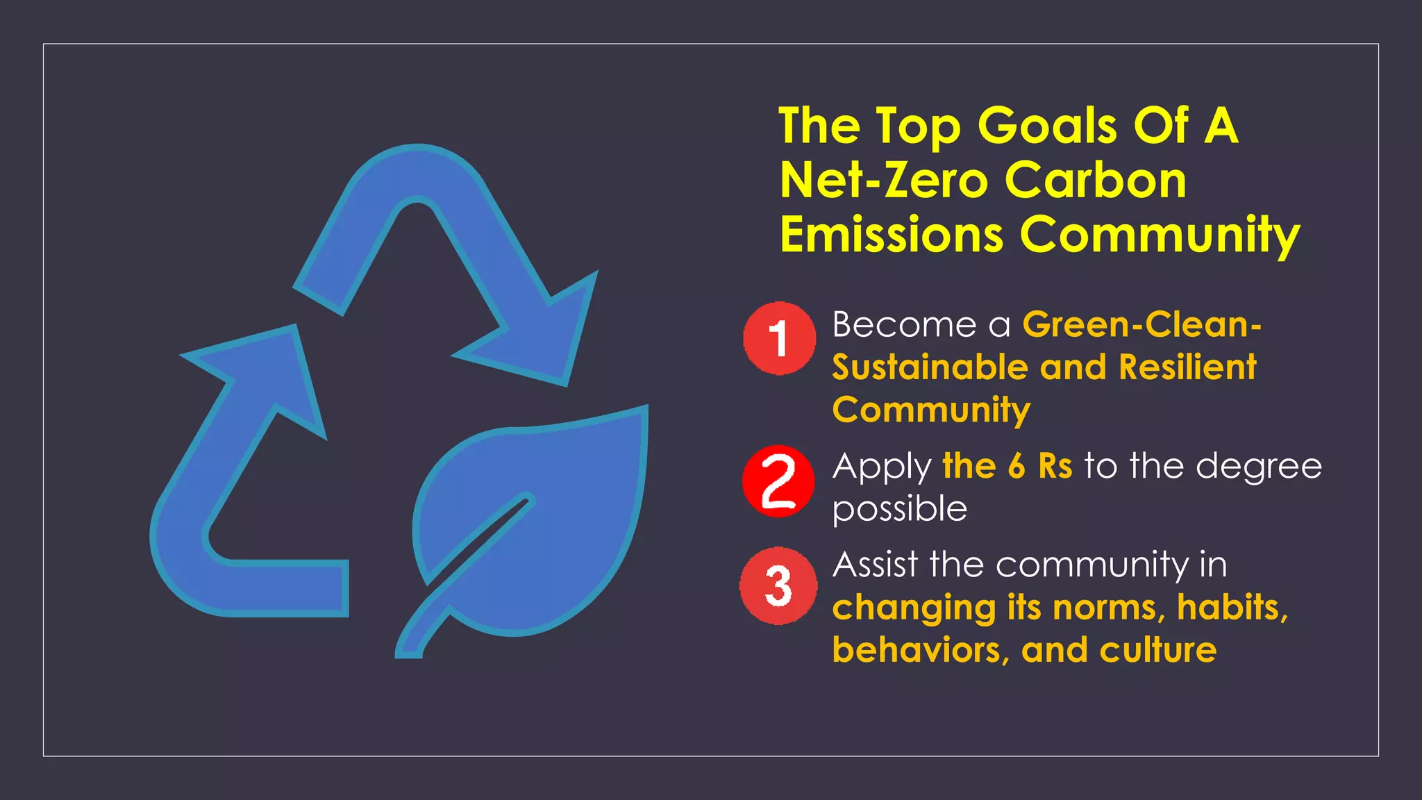 The Top Goals Of A
Net-Zero Carbon
Emissions Community
1. Become a Green-Clean-
Sustainable and Resilient
Community
2. Apply the 6 Rs to the degree
possible
3. Assist the community in
changing its norms, habits,
behaviors, and culture
 