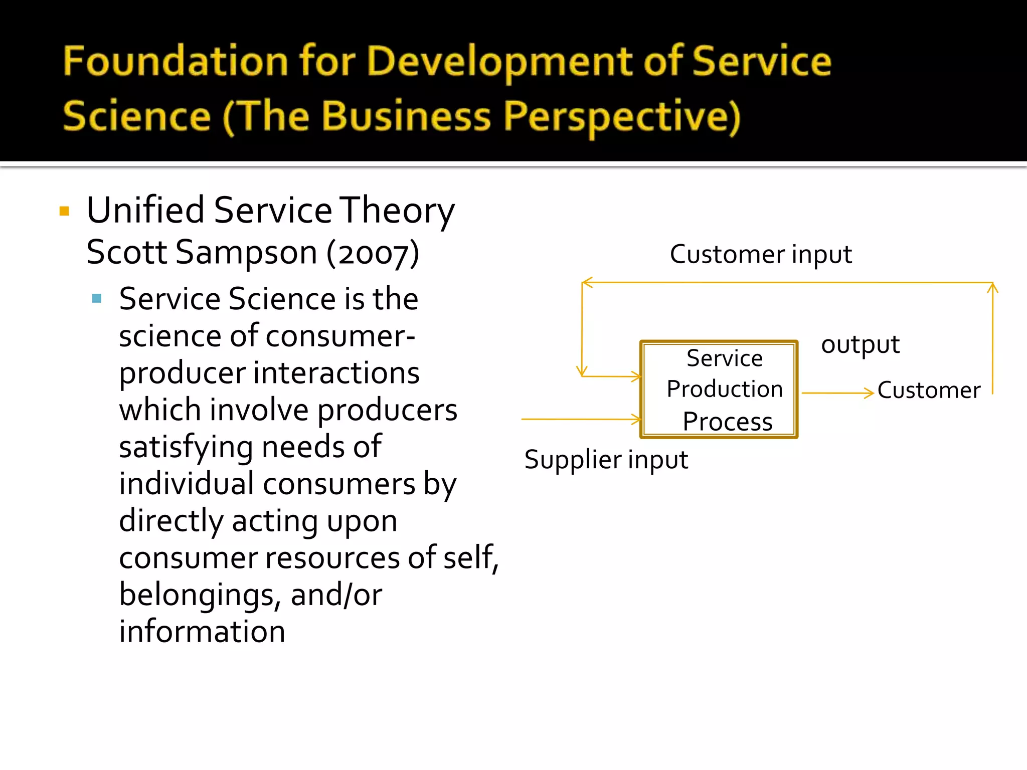  Unified ServiceTheory
Scott Sampson (2007)
 Service Science is the
science of consumer-
producer interactions
which involve producers
satisfying needs of
individual consumers by
directly acting upon
consumer resources of self,
belongings, and/or
information
Service
Production
Process
Customer
Customer input
Supplier input
output
 
