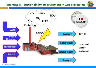 Parameters – Sustainability mea
                                    asurement in wet processing 
  19 of 42



                                CO2     VOC’s
                                                    NO2
                                      SO2
                              CH4           UFP’s
                                                s
                            Emission
              Water
                                      noise                  Product     Textile
        Dyes & 
         y
      Chemicals
                                                           Solid waste
                                                                         Land and 
   Textile fiber                                                         water 
                                                          Liquid waste
                                                            q            pollution
             Energy

                                                             Energy
Dr. S. P. Abbas Oct. 2012
 