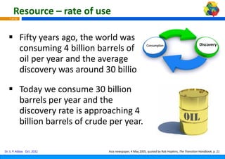 Resource – rate of use
   7 of 42




             Fifty years ago, the world was 
             Fift             th     l
                                                                Consumption                            Discovery
             consuming 4 billion barrrels of 
             oil per year and the aver
                                     rage 
             discovery was around 30
             discovery was around 30 billion
                                     0 billion.
                                     0

             Today we consume 30 billion 
             Today we consume 30 billion
             barrels per year and the 
             discovery rate is approacching 4 
             billion barrels of crude p
             billion barrels of crude per year.
                                      per year. 
                                      p

Dr. S. P. Abbas Oct. 2012            Asi
                                       ia newspaper, 4 May 2005, quoted by Rob Hopkins, The Transition Handbook, p. 21
 