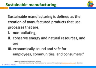 Sustainable manufactu
                          uring
   9 of 42




             Sustainable manufacturing is defined as the 
                        bl      f             f       h
             creation of manufacture
             creation of manufacture products that use
                                    ed products that use 
                                    ed
             processes that are;
             I. non‐polluting,
             II. conserve energy and natural resources, and 
             II conserve energy and natural resources and
                  are
             III. economically sound a
                                     and safe for 
                  employees, communi i
                      l              ities, and consumers.”
                                     i        d           ”
                       Source: US Department of Commerce definition
                               Sustainable Manufacturing – National Council for Ad
                                                                                 dvanced Manufacturing (http://www.nacfam.org/ )  ‐ Definition
Dr. S. P. Abbas Oct. 2012
 