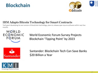 Blockchain
17
World Economic Forum Survey Projects
Blockchain ‘Tipping Point’ by 2023
Santander: Blockchain Tech Can Save ...