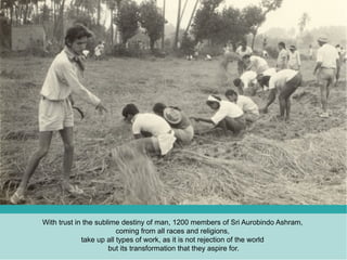 With trust in the sublime destiny of man, 1200 members of Sri Aurobindo Ashram,
                         coming from all races and religions,
             take up all types of work, as it is not rejection of the world
                      but its transformation that they aspire for.
 