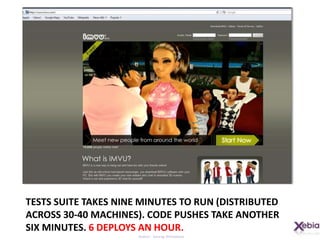 Tests suite takes nine minutes to run (distributed across 30-40 machines). Code pushes take another six minutes. 6 deploys an hour.