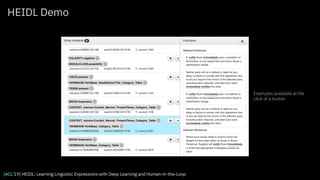 HEIDL Demo
Examples available at the
click of a button
[ACL’19] HEIDL: Learning Linguistic Expressions with Deep Learning and Human-in-the-Loop
 