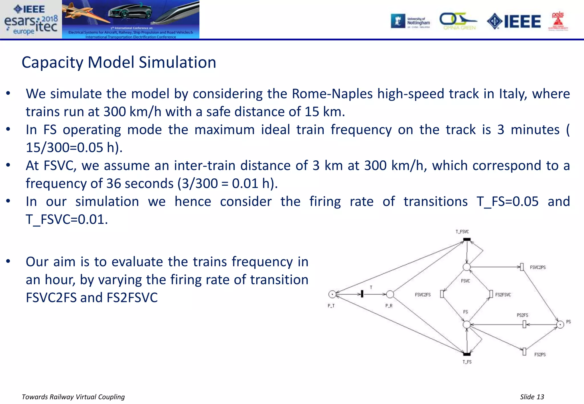 Slide 13Towards Railway Virtual Coupling
Capacity Model Simulation
• We simulate the model by considering the Rome-Naples high-speed track in Italy, where
trains run at 300 km/h with a safe distance of 15 km.
• In FS operating mode the maximum ideal train frequency on the track is 3 minutes (
15/300=0.05 h).
• At FSVC, we assume an inter-train distance of 3 km at 300 km/h, which correspond to a
frequency of 36 seconds (3/300 = 0.01 h).
• In our simulation we hence consider the firing rate of transitions T_FS=0.05 and
T_FSVC=0.01.
• Our aim is to evaluate the trains frequency in
an hour, by varying the firing rate of transition
FSVC2FS and FS2FSVC
 