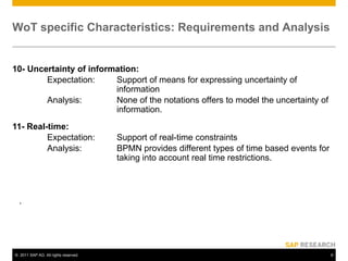 WoT specific Characteristics: Requirements and Analysis 10- Uncertainty of information:		Expectation: 	Support of means for expressing uncertainty of 				information		Analysis:	None of the notations offers to model the uncertainty of 			information.11- Real-time: 		Expectation: 	Support of real-time constraints		Analysis:	BPMN provides different types of time based events for 			taking into account real time restrictions. .
