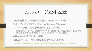 Zabbix`2Ȥ
? GoZʹäƘBʤ줿Zabbix`ȡ
? ݩ`ȤƤץåȥե`ϡLinuxWindows
? ץ饰ȺФ뒈Cܤ⤵Ƥ롣
? FrǤϡѥrˤɤΥץ饰ʹä뤫Qޤ뤿ᡢ¤ץ
׷Ӥ뤿ˤϡ`Ȥ٥ѥ뤬Ҫ
? Zabbix 5.0ʽݩ`_ʼ
? Zabbix`ȤȤԔʲϥޥ˥奢ա
https://www.zabbix.com/documentation/5.0/manual/appendix/agent_comparison
9
 