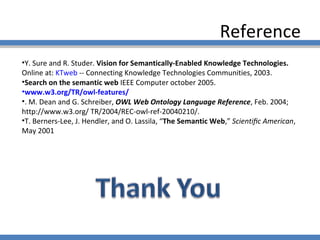 Reference Y. Sure and R. Studer.  Vision for Semantically-Enabled Knowledge Technologies.  Online at:  KTweb  -- Connecting Knowledge Technologies Communities, 2003. Search on the semantic web  IEEE Computer october 2005. www.w3.org/TR/owl-features/ . M. Dean and G. Schreiber,  OWL Web Ontology Language Reference , Feb. 2004; http://www.w3.org/ TR/2004/REC-owl-ref-20040210/.  T. Berners-Lee, J. Hendler, and O. Lassila, “ The Semantic Web ,”  Scientiﬁc American , May 2001 