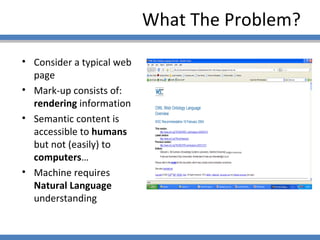 What The Problem? Consider a typical web page Mark-up consists of:  rendering  information  Semantic content is accessible to  humans  but not (easily) to  computers … Machine requires  Natural Language  understanding 