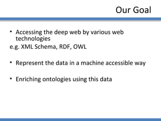 Our Goal Accessing the deep web by various web technologies e.g. XML Schema, RDF, OWL Represent the data in a machine accessible way Enriching ontologies using this data 