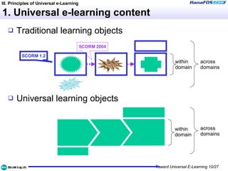 1. Universal e-learning content Traditional learning objects Universal learning objects III. Principles of Universal e-Learning within domain across domains within domain across domains SCORM 1.2 SCORM 2004 