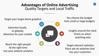 33
Advantages of Online Advertising
Quality Targets and Local Traffic
Target your target demo graphics
Advertise locally
or globally
Advertise for your market
Reach the right people
At the right time
Use your website analytics
You choose the budget
Suits small or large budgets
Insights around the clock
Check on who’s
watching who
Target relevant websites
Place ads on websites that
has your customers
 