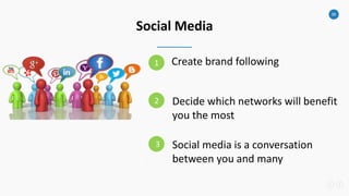 39
Social Media
Create brand following1
2
3
Decide which networks will benefit
you the most
Social media is a conversation
between you and many4
 