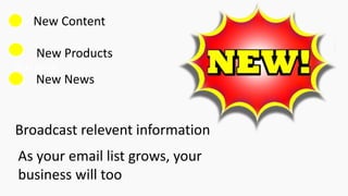 KLM Airline
New Content
New News
New Products
Broadcast relevent information
As your email list grows, your
business will too
 