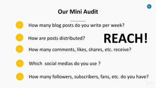 8
Our Mini Audit
How many blog posts do you write per week?
How are posts distributed?
How many comments, likes, shares, etc. receive?
How many followers, subscribers, fans, etc. do you have?
Which social medias do you use ?
REACH!
11
12
13
14
15
 