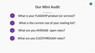 9
Our Mini Audit
3
What is your FLAGSHIP product (or service)?
What is the current size of your mailing list?
What are you AVERAGE open rates?
What are you CLICKTHROUGH rates?
16
17
18
19
 