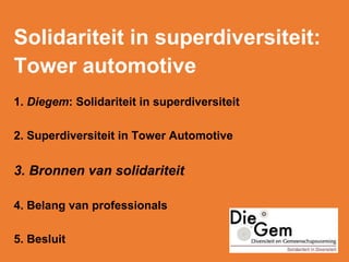 Solidariteit in superdiversiteit:
Tower automotive
1. Diegem: Solidariteit in superdiversiteit
2. Superdiversiteit in Tower Automotive
3. Bronnen van solidariteit
4. Belang van professionals
5. Besluit
 