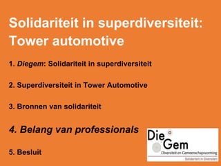Solidariteit in superdiversiteit:
Tower automotive
1. Diegem: Solidariteit in superdiversiteit
2. Superdiversiteit in Tower Automotive
3. Bronnen van solidariteit
4. Belang van professionals
5. Besluit
 