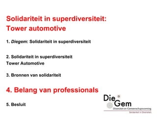 Solidariteit in superdiversiteit:
Tower automotive
1. Diegem: Solidariteit in superdiversiteit
2. Solidariteit in superdiversiteit
Tower Automotive
3. Bronnen van solidariteit
4. Belang van professionals
5. Besluit
 