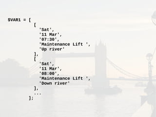 $VAR1 = [
[
'Sat',
'11 Mar',
'07:30',
'Maintenance Lift ',
'Up river'
],
[
'Sat',
'11 Mar',
'08:00',
'Maintenance Lift ',
'Down river'
],
...
];
 