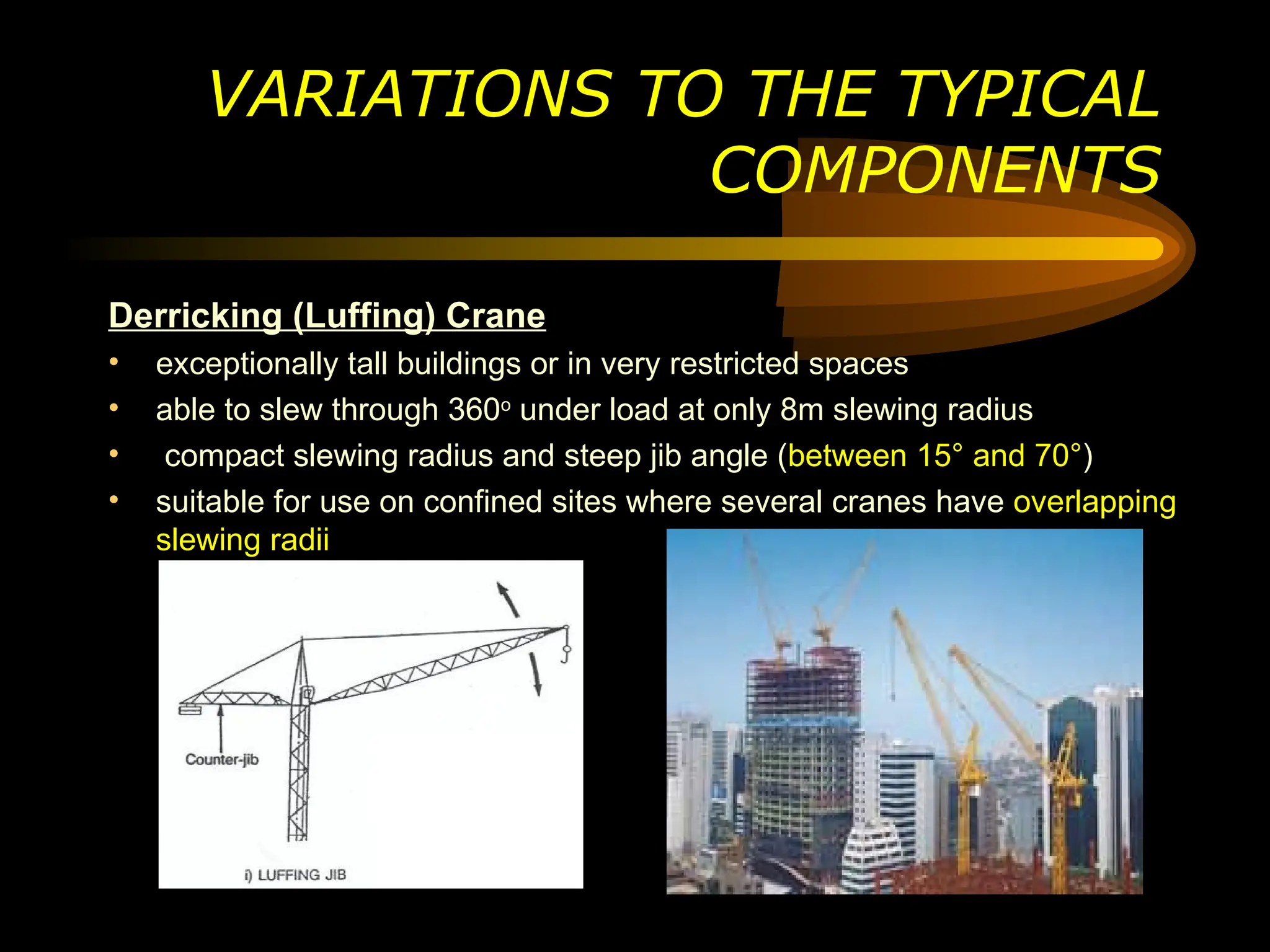 Derricking (Luffing) Crane
• exceptionally tall buildings or in very restricted spaces
• able to slew through 360o
under load at only 8m slewing radius
• compact slewing radius and steep jib angle (between 15° and 70°)
• suitable for use on confined sites where several cranes have overlapping
slewing radii
VARIATIONS TO THE TYPICAL
COMPONENTS
 