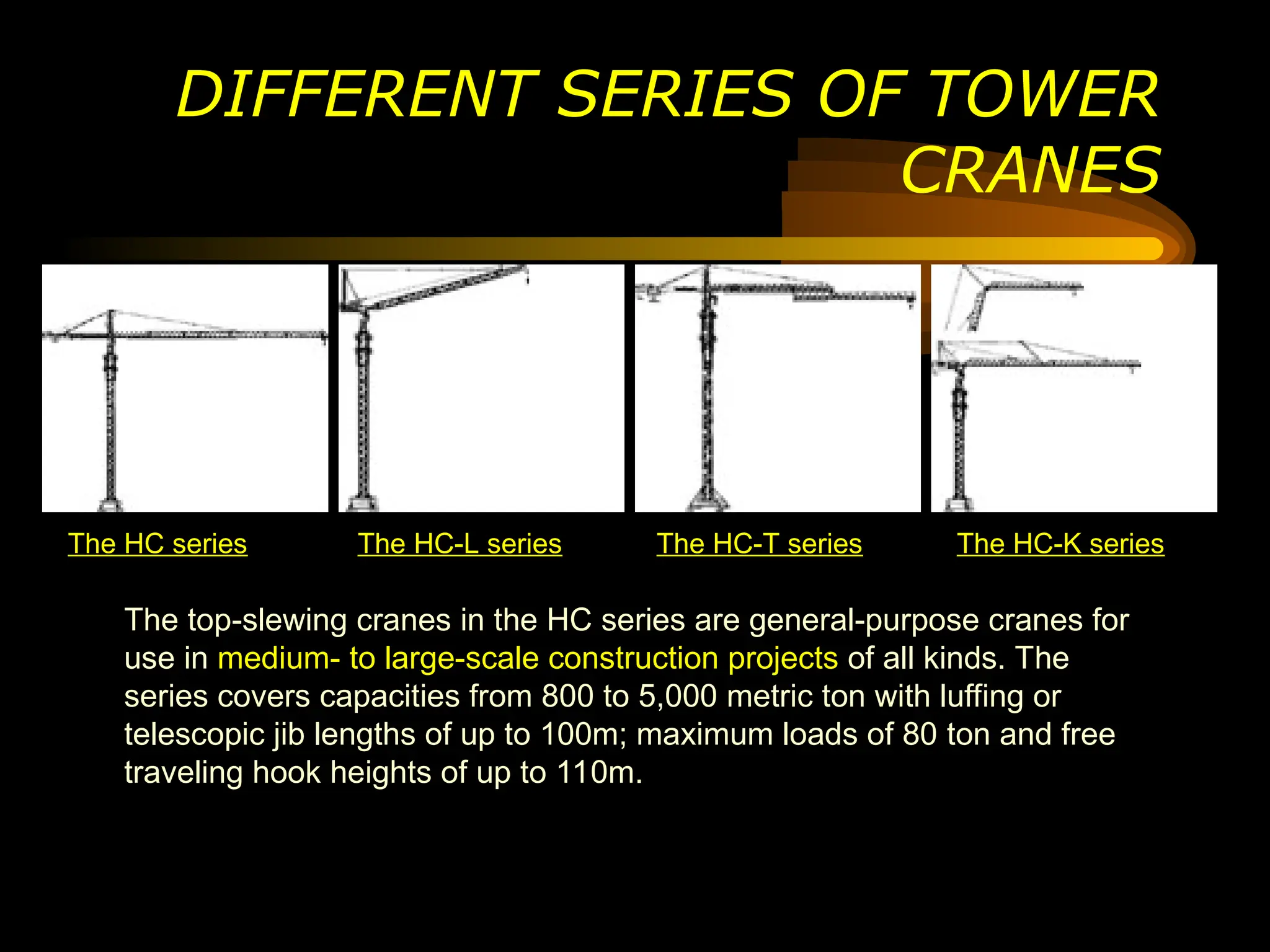The top-slewing cranes in the HC series are general-purpose cranes for
use in medium- to large-scale construction projects of all kinds. The
series covers capacities from 800 to 5,000 metric ton with luffing or
telescopic jib lengths of up to 100m; maximum loads of 80 ton and free
traveling hook heights of up to 110m.
DIFFERENT SERIES OF TOWER
CRANES
The HC series The HC-L series The HC-T series The HC-K series
 
